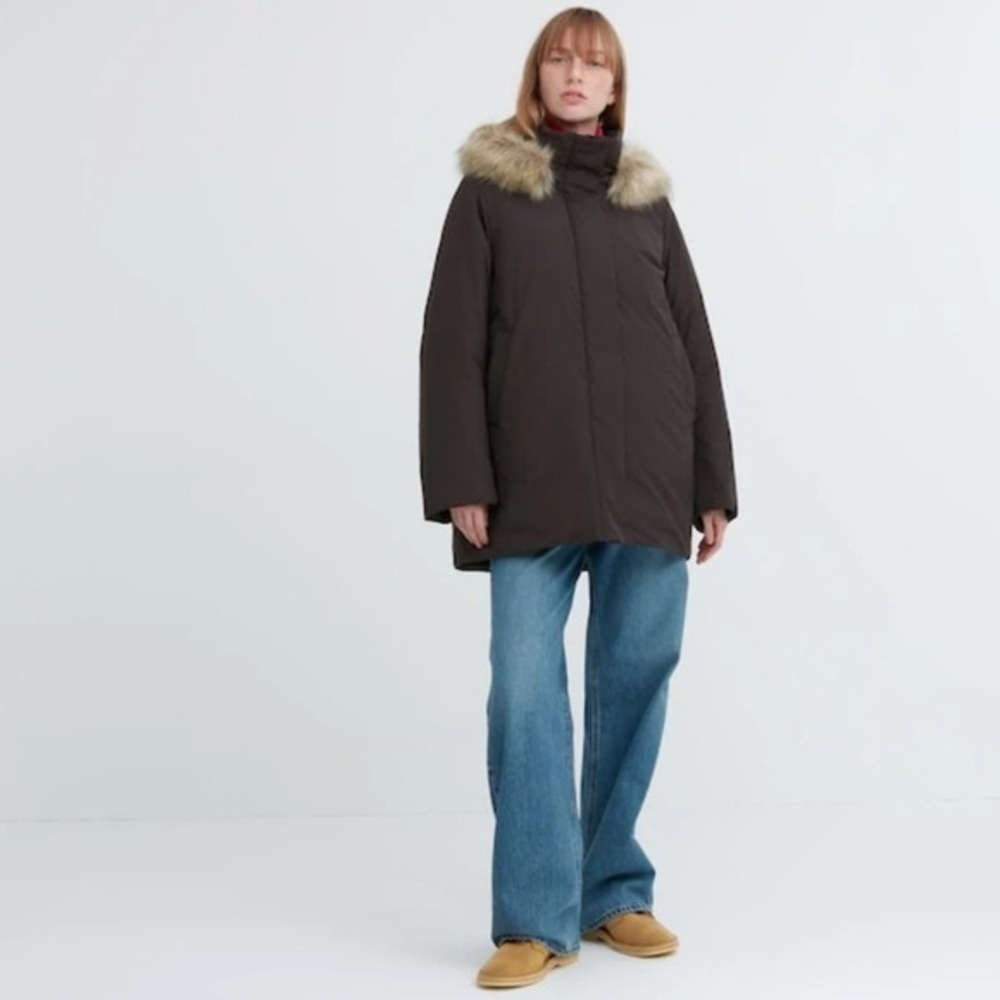 Uniqlo Women's Down Coat Hooded Faux Fur Trim Black XL Down Blend Warm‎
